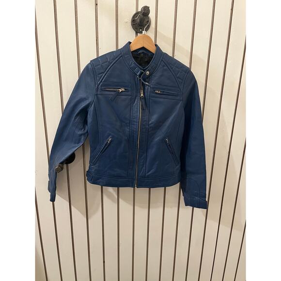 Decrum Genuine Leather Womens Blue Diamond Cafe Racer Jacket - XS - Picture 2 of 5